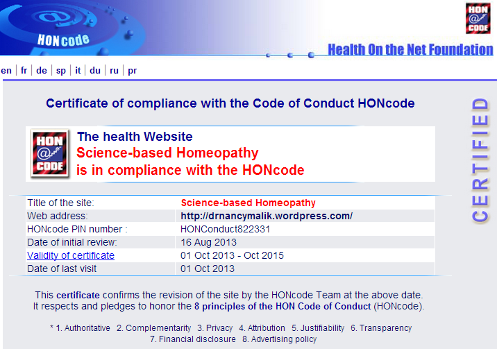 Science-based Homeopathy HONcode certificate